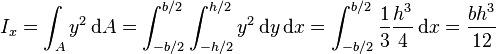 I_{x} = \int_A y^2\,\mathrm dA = \int^{b/2}_{-b/2} \int^{h/2}_{-h/2} y^2 \,\mathrm dy \,\mathrm dx = \int^{b/2}_{-b/2} \frac{1}{3}\frac{h^3}{4}\,\mathrm dx = \frac{b h^3}{12}