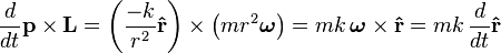 
 \frac{d}{dt} \mathbf{p} \times \mathbf{L}  = \left( \frac{-k}{r^2} \mathbf{\hat{r}} \right) \times \left(m r^2 \boldsymbol{\omega}\right)
= m k \, \boldsymbol{\omega} \times \mathbf{\hat{r}} = m k \,\frac{d}{dt}\mathbf{\hat{r}}
