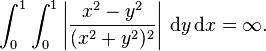 \int_0^1\int_0^1 \left|\frac{x^2-y^2}{(x^2+y^2)^2}\right|\,\text{d}y\,\text{d}x=\infty.