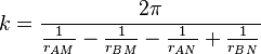  k= \frac{2\pi}{\frac{1}{r_{AM}}-\frac{1}{r_{BM}}-\frac{1}{r_{AN}}+\frac{1}{r_{BN}} }