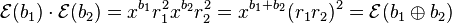 \mathcal{E}(b_1)\cdot \mathcal{E}(b_2) = x^{b_1} r_1^2 x^{b_2} r_2^2 = x^{b_1+b_2} (r_1r_2)^2 = \mathcal{E}(b_1 \oplus b_2)