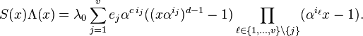 S(x)\Lambda(x)=\lambda_0\sum_{j=1}^v e_j\alpha^{c\,i_j} ((x\alpha^{i_j})^{d-1}-1)\prod_{\ell\in\{1,\dots,v\}\setminus\{j\}} (\alpha^{i_\ell}x-1).