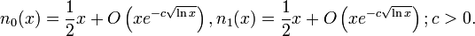 
n_0(x) = \frac{1}{2}x + O\left(x e^{-c\sqrt{\ln x}}\right), n_1(x) = \frac{1}{2}x + O\left(x e^{-c\sqrt{\ln x}}\right);
c > 0. 
