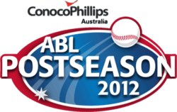 A blue oval with a white and red double border. The text "ABL POSTSEASON 2012" in white, a baseball above and a seven-pointed star superimposed on the oval.