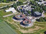 Aerial view of large, landscaped complex of ESO's headquarter buildings in Garching, Germany