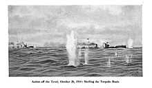 Four German torpedo boats taking fire from British forces off of the Dutch island of Texel.