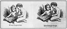 Two similar images, each showing 2 children reading a magazine. One child is seated on a floor and holds the magazine; the second child is kneeling. The left image has the description "Wood Engraving." underneath it; the right image has the description "Electrotype Copy." underneath it. The two images are nearly identical.