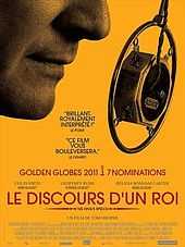A yellow minimalist film poster, with an extreme close-up shot of a man's chin and jaw in front of an 1920s era microphone. The title "Le discours d'un roi" is in French as are the quotations from film critics.