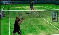 Player character human male about to serve a tennis ball with racket in a tennis court, opponent on the far end.