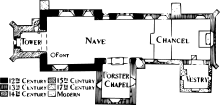 A floorplan of Aldermaston church, showing when different parts of the church were constructed