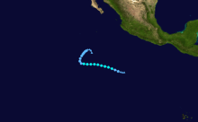 An image depicting the track of a short-lived and weak tropical storm.