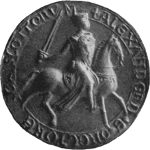 Greyscale photograph of the seal of Alexander II, King of Scotland.