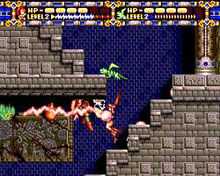 Gauges at the top represent the life and offensive capability of the player character, Alisia, and her pet. The area below the gauges is the main screen for the game; Alisia is jumping on a flight of stairs and firing her lightning at a group of enemies in this screen capture.