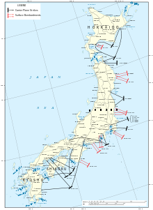 Color map of the Japanese home islands marked with the locations of the Allied fleet when it made the attacks described in the article