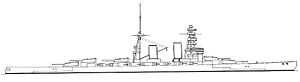 Line drawing of this type of vessel; the ship had a long hull, two tall masts, five gun turrets, and two large funnels.