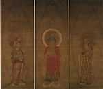 A red robed deity flanked by two attendants.