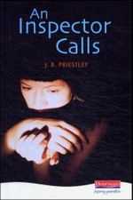 A cover of a book reading "An Inspector Calls", with a photo showing a woman's face lit up by a light with a dark background. She has her hand in front of her face with a shocked facial expression.