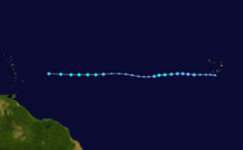 The track of a tropical storm over the eastern and central Atlantic. The path is nearly a straight line from east to west, starting near the Cape Verde Islands and ending near the Lesser Antilles.