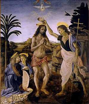 Painting showing Jesus, naked except for a loin-cloth, standing in a shallow stream in a rocky landscape, while to the right, John the Baptist, identifiable by the cross that he carries, tips water over Jesus' head. Two angels kneel at the left. Above Jesus are the hands of God, and a dove descending