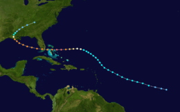 The path of a hurricane that starts in the open Atlantic Ocean and tracks northwestward. It curves westward while between Puerto Rico and Bermuda, eventually crossing The Bahamas and Florida. In the Gulf of Mexico, the track re-curves into Louisiana and stops over eastern Tennessee.