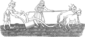 A crude medieval line drawing, showing a man with a team of two oxen ploughing a field, assisted by a woman. Both the man and woman are dressed in long medieval cloths.