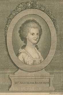 Engraving from frontispiece of Posthumous Works, published 1793 by her daughter Margaretta V. Fuageres