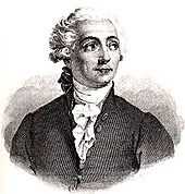 A drawing of a young man facing towards the viewer, but looking on the side. He wear a white curly wig, dark suit and white scarf.