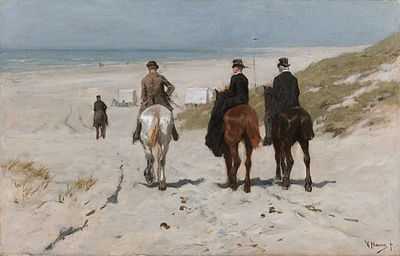 a group of well dressed equestrians, the lady riding sidesaddle, descend at a leisurly pace from the dunes to the beach at Scheveningen towards the bathing huts, their horses leaving droppings in the sand