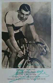 A signed card of a man on a bicycle
