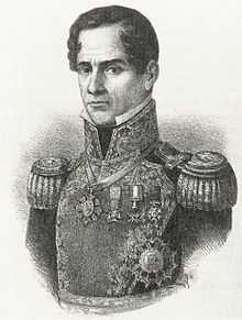 Lithograph depicting the head and shoulders of a middle-aged, clean-shaven man wearing an ostentatious military uniform.