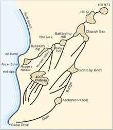 A thematic map showing several ridge lines and high features