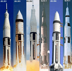 Composite image of unmanned development Apollo mission launches in chronological sequence.