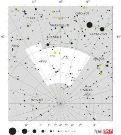 Diagram showing star positions and boundaries of the Apus constellation and its surroundings