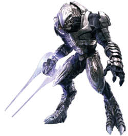 An alien warrior in a hunched position. Its feet end with two prominent claws, while its mouth is split into four parts lined with teeth. The alien is covered in shiny metal plates that overlap. In his hand he carries a glowing dual-tipped blade.