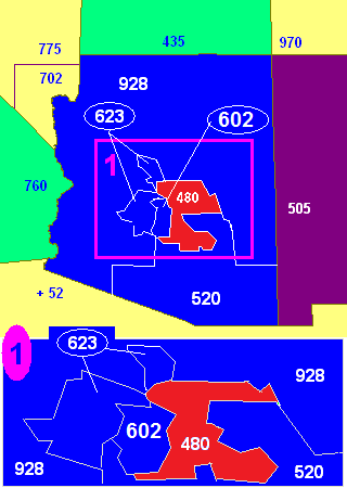 Map of Arizona area codes in blue (and border states) with area code 480 in red