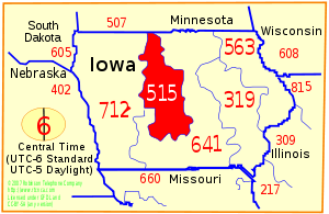 The area colored red indicates the geographical region in the state of Iowa, served by area code 515