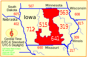 The area colored red indicates the region served by area code 641 within the state of Iowa,