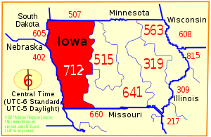 The area colored red indicates the geographical region in the state of Iowa, served by area code 712