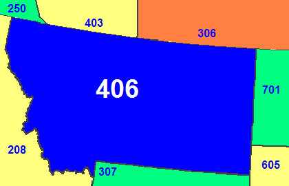 Map of Montana area code in blue (with border states and provinces)