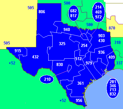 Map of Texas in blue showing area codes, with border codes