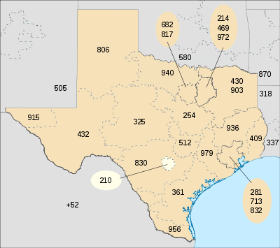 Map of Texas in blue (with border codes) and area code 210 in red