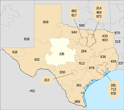 Map of Texas in blue (with border codes) and area code 325 in red