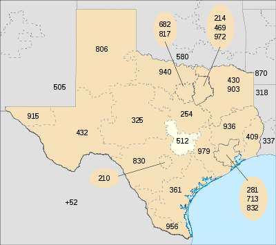 A map of Texas, showing area code 512 in white. Click on an area to go to the page for that code.