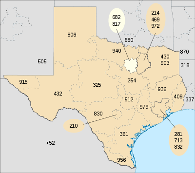 Map of Texas in blue (with border codes) and area code 682/817 in red