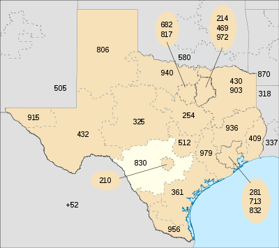 Map of Texas in blue (with border codes) and area code 830 in red