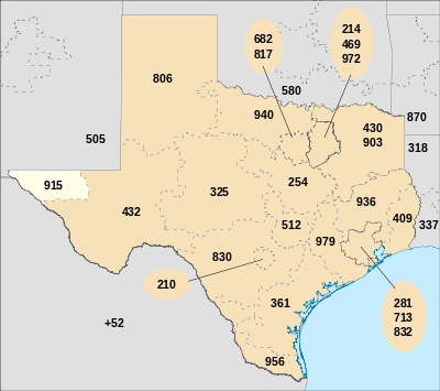 Map of Texas in blue (with border codes) and area code 915 in red