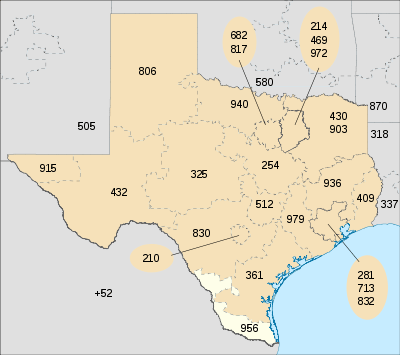 Map of Texas in blue (with border codes) and area code 956 in red