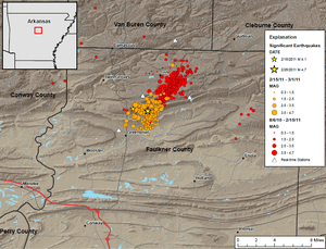 Map of earthquakes in Arkansas