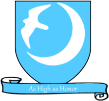 A coat of arms showing a white falcon flying out of a white moon on a sky blue field