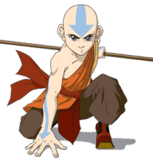 Aang kneeling in a battle pose, holding his staff behind him.